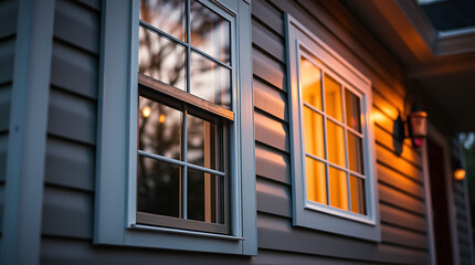 Fototapeta premium Close-up view of a house's exterior at dusk. Two windows are visible; one is brightly lit from within, the other shows a dark reflection. The siding is dark gray.
