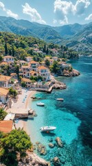 Obraz premium Coastal village with crystal clear waters and boats during a sunny day