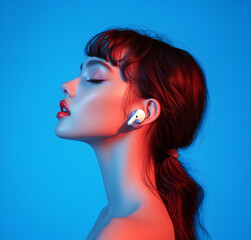 woman wearing wireless earbuds, blue background