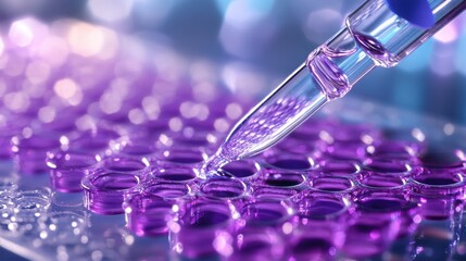 Close-Up of Pipette Dropping Liquid into Sample Plate with Bokeh