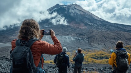 On the slopes of a dormant volcano adventurers share moments by connecting communication devices capturing stunning visuals for their base