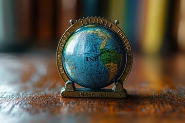 Globes are displayed on a wooden surface depicting the Americas and the Atlantic Ocean under warm lighting