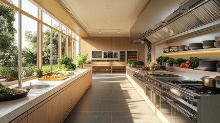 A stunning culinary academy interior featuring a spacious kitchen filled with fresh ingredients and sunlight streaming through large windows