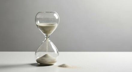 Glass hourglass with sand, partially fallen out, on white surface