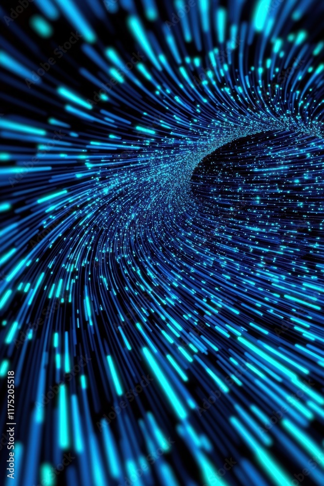 Poster dynamic tunnel of blue light particles creating a mesmerizing abstract visual effect in a dark backg
