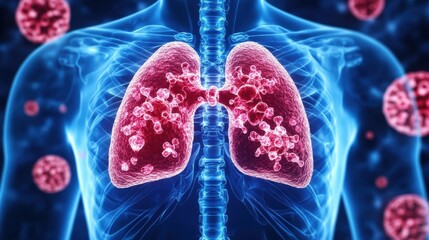 Detailed of human lungs highlighting cellular structures and pathogens, showcasing respiratory health.