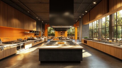 Luxurious culinary academy showcasing modern kitchen facilities for gourmet cooking education with abundant natural light