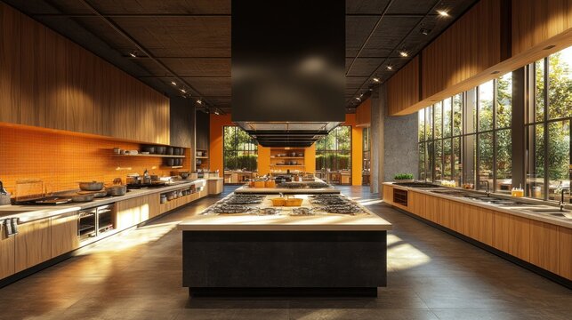 Luxurious culinary academy showcasing modern kitchen facilities for gourmet cooking education with abundant natural light