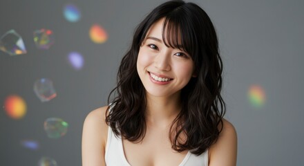 笑顔の美しい日本人女性ポートレート、泡の背景と白いタンクトップ