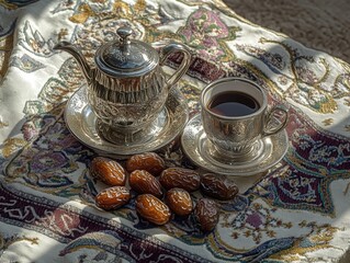 Fototapeta premium Close-up of Silver Tea Set with Dates on Ornate Fabric