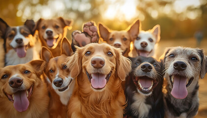 A cheerful group of dogs taking a selfie against a dreamy blurred backdrop, a playful and imaginative creation AI Generated