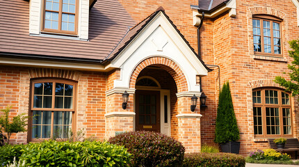 Naklejka premium Brick house exterior featuring arched entryway, multiple windows with brown frames, and landscaping. The brick is a reddish-brown hue. The house has a traditional style.