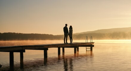 Fototapeta premium Couple standing on dock, gazing at calm lake during sunset, surrounded by serene nature