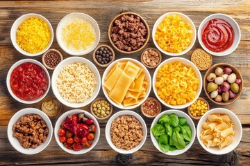 Colorful assortment of pasta ingredients arranged on a wooden table