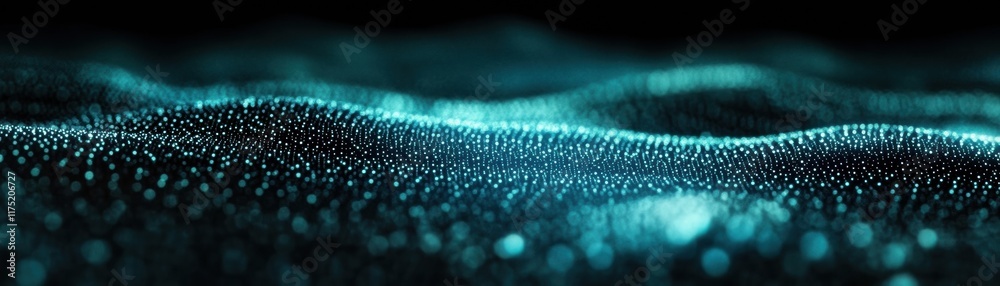 Poster abstract wave pattern with glowing points of light, creating a tranquil and futuristic atmosphere.
