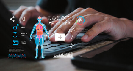 .Seamless health data futuristic interface connects real-time health metrics to the cloud, enabling instant monitoring, analysis, and secure data storage for personalized healthcare insights.