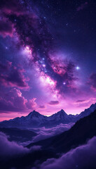 Purple gradient mystical moonlight mountain sky with clouds and stars phone wallpaper background 4k