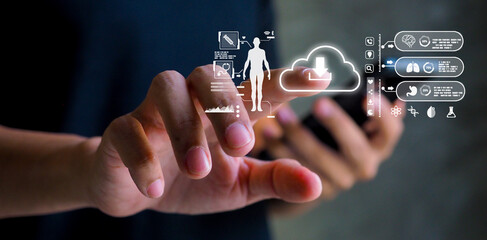 Seamless health data futuristic interface connects real-time health metrics to the cloud, enabling instant monitoring, analysis, and secure data storage for personalized healthcare insights.