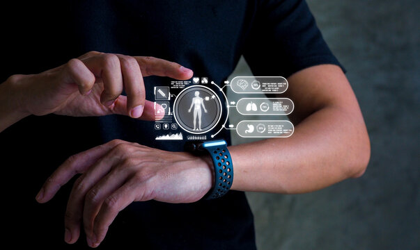 Futuristic health tech. A smartwatch projects a holographic health dashboard, providing real-time body analytics and vital signs monitoring anytime, anywhere.