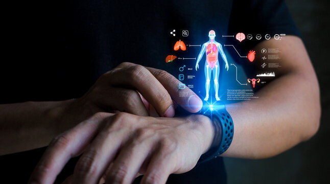 Futuristic health tech. A smartwatch projects a holographic health dashboard, providing real-time body analytics and vital signs monitoring anytime, anywhere.