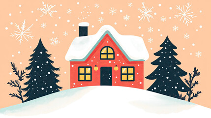 Fototapeta premium Cozy Snowy House with Christmas Trees and Snowflakes Background
