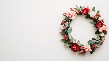 Obraz premium Elegant Floral Wreath with Red and Pink Blooms on White Background