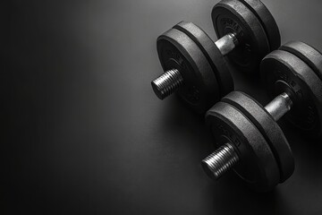 Weights resting on a dark surface ready for a workout or strength training session in a gym environment