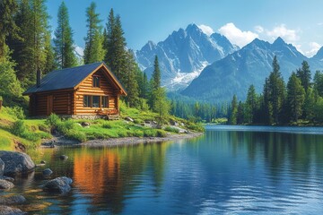 Naklejka premium a peaceful wooden cabin sits by a serene lake surrounded by towering trees and majestic mountains capturing the essence of tranquility in a natural landscape