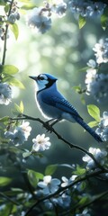 Obraz premium Blue jay perched among spring blossoms in a serene garden setting