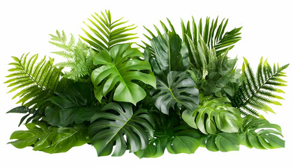 A collection of vibrant green tropical leaves, featuring Monstera, palms, and ferns, perfect for artistic cutouts or designs AI Generated