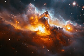 Obraz premium Vibrant cosmic clouds illuminated by stars in deep space reveal the beauty of the universe