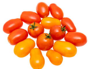 red and yellow cherry tomatoes on white background.