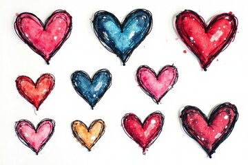 Fototapeta premium Set of black hand-drawn hearts; different shapes, styles , isolated, graphic