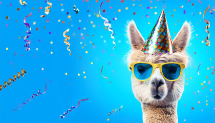 Fototapeta premium happy birthday carnival new year s eve sylvester or other festive celebration funny animals card alpaca with party hat and sunglasses on blue background with confetti