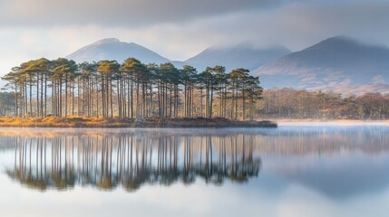 Obraz premium Serene Lake Reflection Of Trees And Misty Mountains