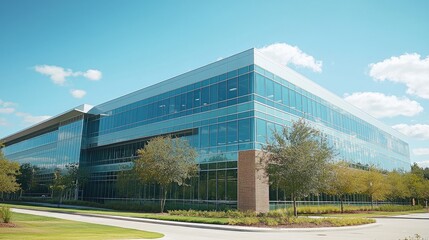 Obraz premium Modern Office Building Exterior Under Sunny Sky