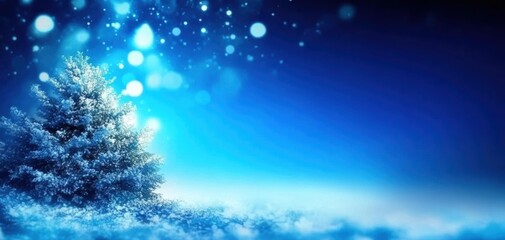 Naklejka premium A serene winter landscape showcasing a snow-covered tree under a starry blue sky with sparkling snowflakes.