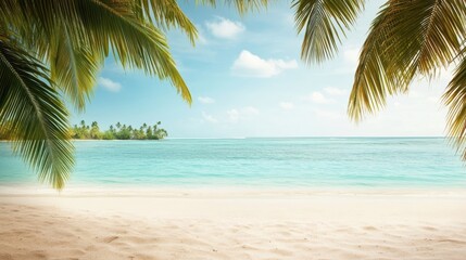 Tranquil tropical beach with gentle waves, golden sand, and lush palm trees under a bright blue sky.