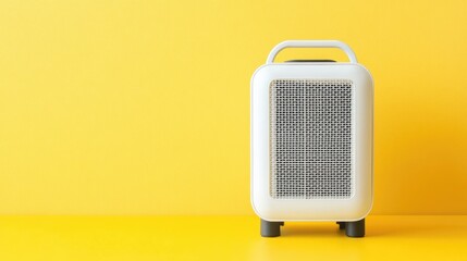 Small tabletop heater on a bright yellow background, highlighting its compact and practical design.