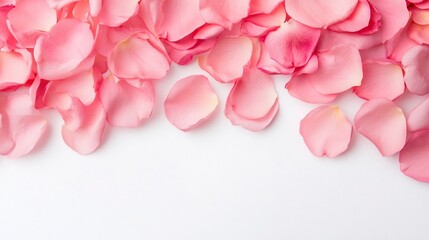 Fototapeta premium Scattered Pink Rose Petals on White Background for Soft Romantic Wedding Theme