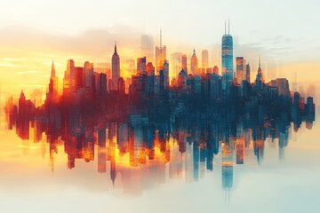 Fototapeta premium Sunset illuminates a vibrant city skyline reflecting on tranquil water in a serene atmosphere
