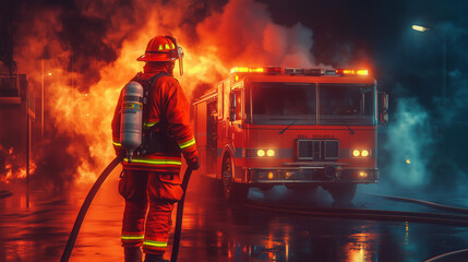 firefighter-uniform-firetruck-hose-dramatic-lighting