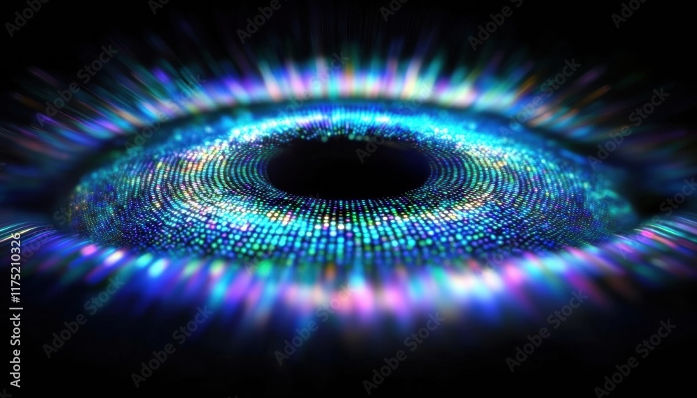 Poster vivid colorful abstract digital eye visualization with sparkling effects and swirling patterns in da