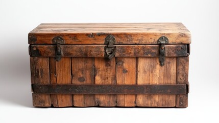 A rustic wooden chest featuring metal hinges and robust clasps, perfect for vintage decor or...