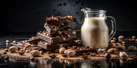 Silhouette of Broken Chocolate Bars, Milk Jug & Nuts