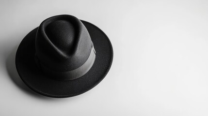 Stylish black trilby hat with a sleek ribbon, resting on a clean white background, full depth of field.