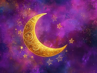 Fototapeta premium Golden Crescent Moon in a Purple Galaxy