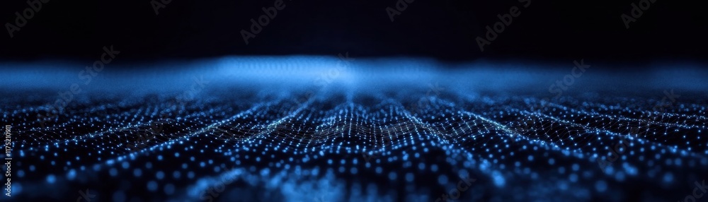 Poster abstract digital landscape with glowing blue particles creating a futuristic network or data visuali