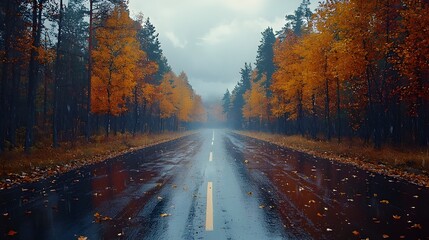 Obraz premium Autumn road, wet asphalt, reflections, misty atmosphere, orange foliage, forest, moody landscape, overcast sky, symmetrical composition, vanishing point, cinematic, dramatic lighting, high contrast