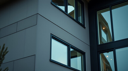 Obraz premium Modern Building Exterior with Dark-Framed Windows and Gray Stucco